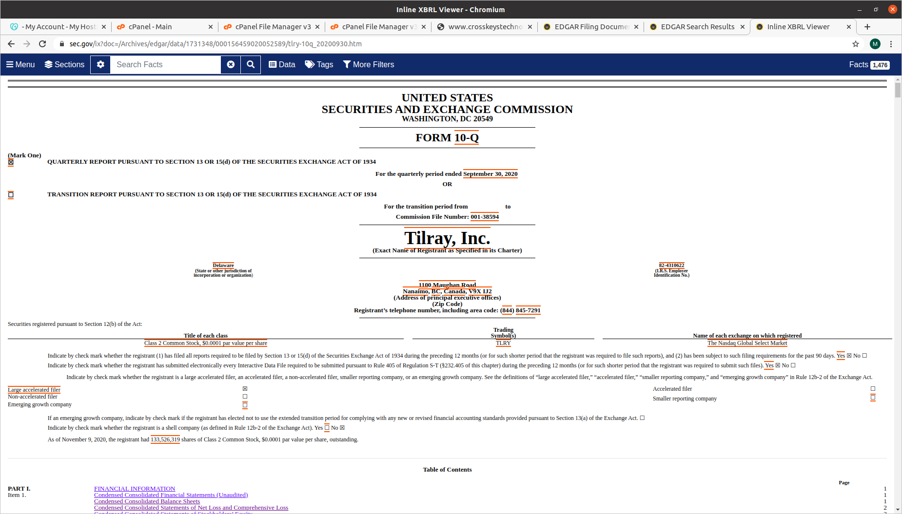 Tilray Edgar 10Q Actual