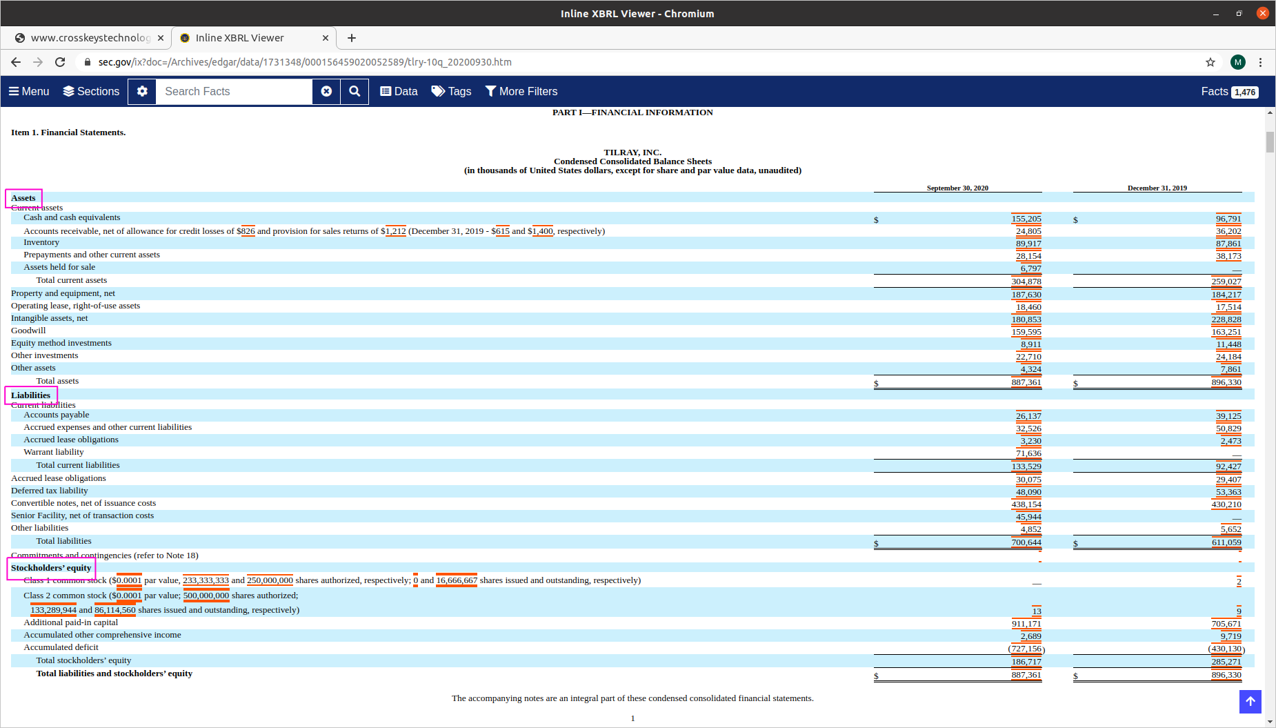 Tilray Balance Sheet 20200930